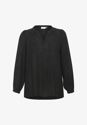 Mustikas pikkade varrukatega pluus kerge kangaga, V-kaeluse ja kortsustatud õlgadega, venitatavate mansettidega mugava istuvuse saavutamiseks.