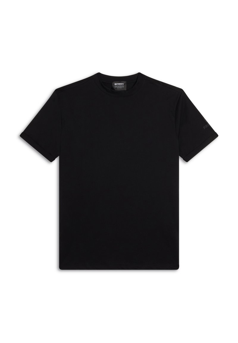T-shirt nera a maniche corte realizzata in cotone liscio. Presenta un colletto girocollo e un design minimalista, senza modelli o accenti visibili.