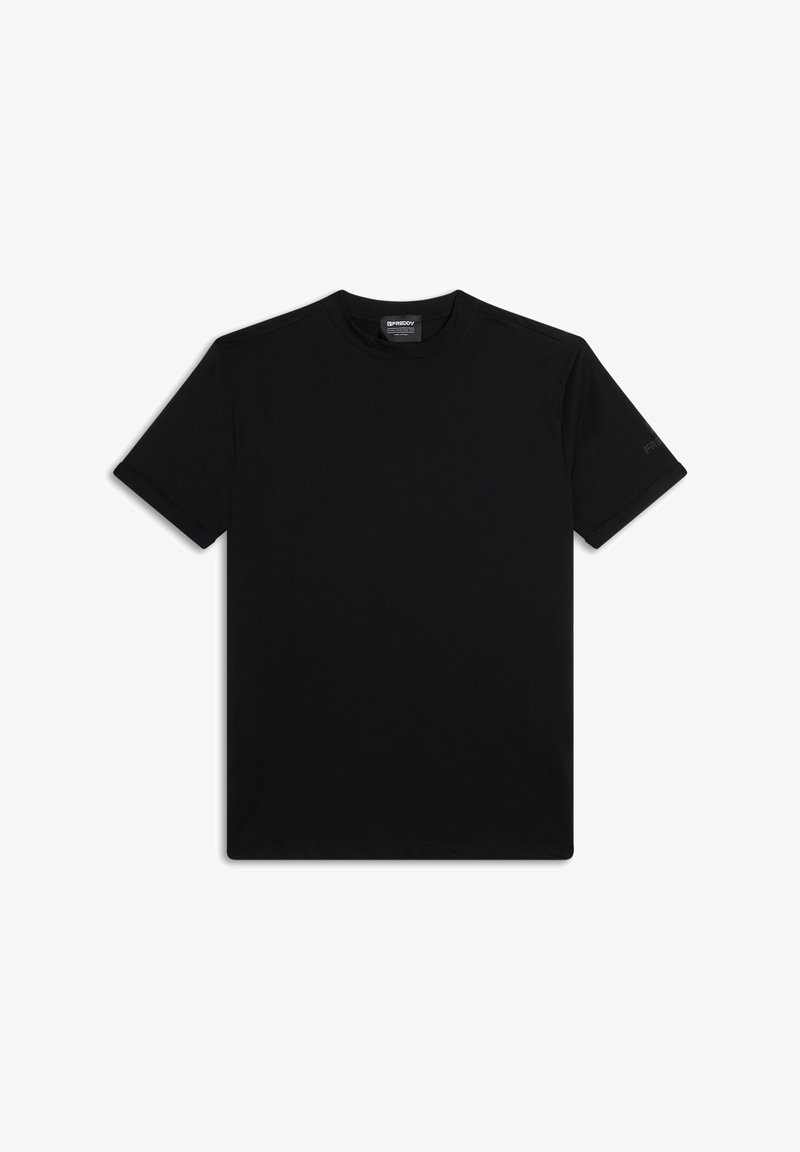 T-shirt nera a maniche corte realizzata in cotone liscio. Presenta un colletto girocollo e un design minimalista, senza modelli o accenti visibili.