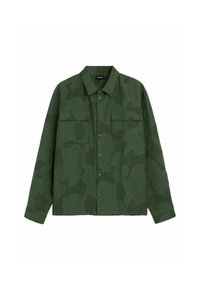 Green camouflage shirt with long sleeves and two chest pockets. Features a button-up front and a soft, textured fabric.