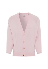 Pink knitted cardigan with a deep V-neck, three-quarter sleeves, and five gold button closures down the front. Lightweight and smooth texture.