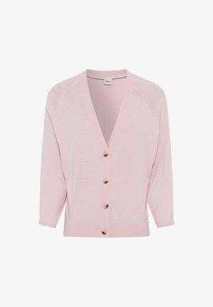 Pink knitted cardigan with a deep V-neck, three-quarter sleeves, and five gold button closures down the front. Lightweight and smooth texture.