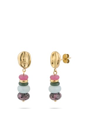 Guld ørestikker med stablede perler i pink, guld, grøn, lyseblå og lilla med prikker, der hænger nedenunder.