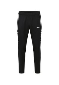 Zwarte sportieve joggers met een taps toelopend ontwerp, elastische tailleband, witte zijstrepen en knoopaccenten langs de buitennaad. Merkl logo zichtbaar.