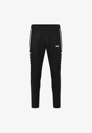 Schwarze sportliche Jogginghosen mit schmalem Schnitt, elastischem Taillenbund, weißen Seitenstreifen und Knopfakzenten an den äußeren Nähten. Markenlogo sichtbar.