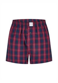 Červené a námořnicky modré kárované boxerky s elastickým pasem, zapínáním na jeden knoflík a bílými švy. Obsahují malou nášivku s logem značky.