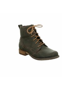 Bottine en cuir vert foncé avec des lacets marron, un petit talon carré et des coutures contrastantes sur les côtés pour le détail.