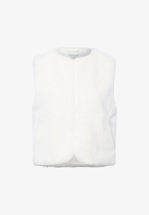Weißer Kunstpelzwesten mit hohem Kragen, ohne Ärmel und weicher Textur. Geschlossener Vorderteil ohne sichtbare Verschlüsse. Glatte Innenauskleidung.