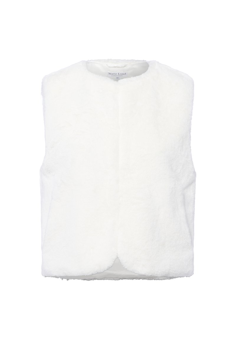 Gilet in finto pelo bianco con collo alto, senza maniche e texture morbida. Chiusura frontale senza fissaggi visibili. Fodera interna liscia.