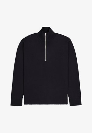 Pull noir en tricot avec un col montant et un zip partiel à l'avant. Il possède des manches longues et un ourlet droit. Texture douce et poignets ajustés.