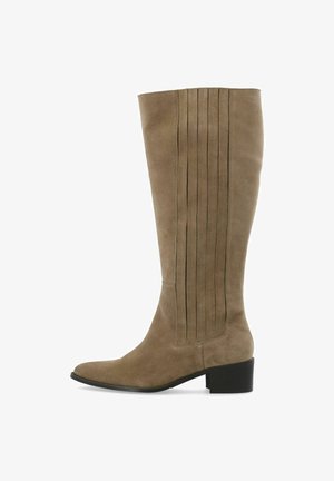 Botte en daim taupe montant jusqu'au genou avec un petit talon bloc noir et des détails de panneau cousu verticalement sur la tige, vue de côté.