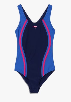 Marineblauer Einteiler mit pinken Akzenten, V-Ausschnitt, breiten Trägern und kontrastierenden Seitenpaneelen.