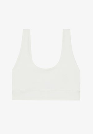 White bra top with a scoop neckline, wide straps, and a smooth, stretchy fabric. Features a simple design and an elastic underband.