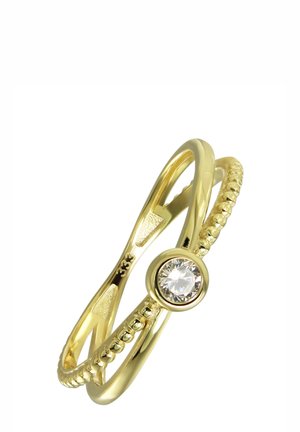 Goldener Ring mit einem zentralen, runden, klaren Stein, einem gedrehten Design und einem Perlenband. Gleichmäßige, polierte Oberfläche.