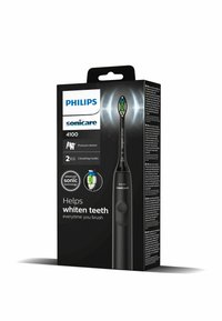 Emballage de la brosse à dents électrique Philips Sonicare 4100, noire, avec capteur de pression, affichant une tête de brosse bleue-verte et les détails du produit.