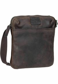 Borsa a spalla in pelle marrone con chiusura a zip frontale, tracolla in tessuto e logo impresso. Texture liscia con sottili variazioni.