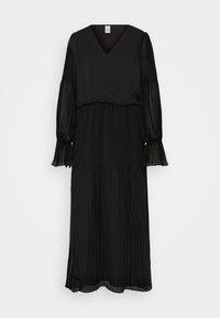 Svart långärmad klänning med V-ringning, plisserad textur och en flödande silhuett. Har rynkade ärmar och en figursydd midja.