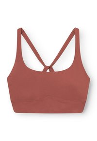 Sport-BH in tiefroser Farbe, aus glattem, elastischem Material. Mit Racerback-Design, überschnittenen Trägern und Nahtdetails.