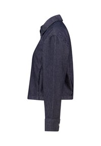 Marine gestreepte shirt met een kraag, cropped ontwerp en lange mouwen met knoopmanchetten en zijsplitten voor ventilatie.