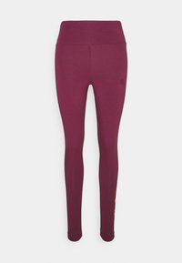 Burgundy leggings made of stretchy fabric, featuring a high waistband and subtle logo on the hip, with a smooth texture and form-fitting design.