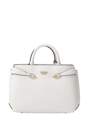 Borsa a mano strutturata bianca con doppi manici, dettagli con fibbia dorata e piccolo logo "GUESS" dorato sul davanti.