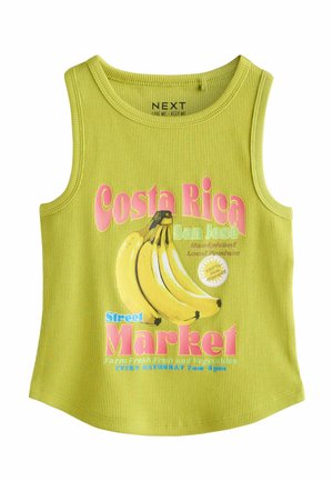 Zelený rebrovaný tielkový top s grafikou banánov a textom "Costa Rica San José Street Market" v ružovej, modrej a žltej farbe.