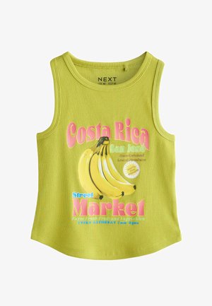 Grünes, geripptes ärmelloses Oberteil mit Bananen-Grafik und Text "Costa Rica San José Street Market" in Pink-, Blau- und Gelbtönen.