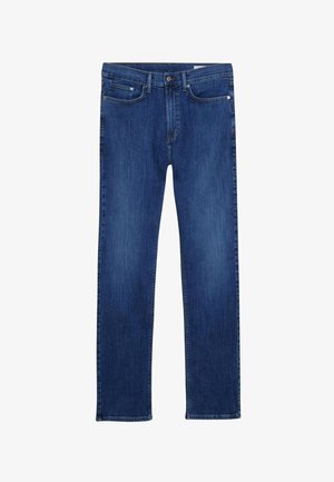 Mörkblå denimjeans med rak benform, som har framfickor, en myntficka och gylf med dragkedja och knapplåsning.