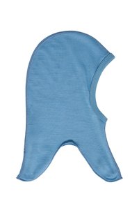 Ljusblå, åtsittande balaklava gjord av mjukt tyg med en slät yta. Har en rundad topp och öppningar för ansikte och hals.