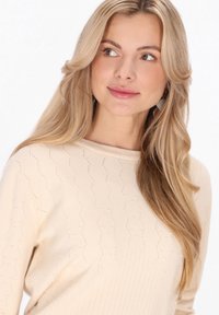 Pulover tricotat bej deschis cu un model texturat. Are un decolteu cu nervuri și un design zigzag cu accente mici sub formă de puncte.