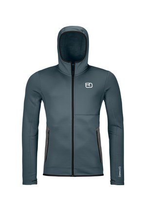 Hooded jacket in dark gray fabric with a fitted design. Features zip closure, side pockets, and a white logo on the chest.