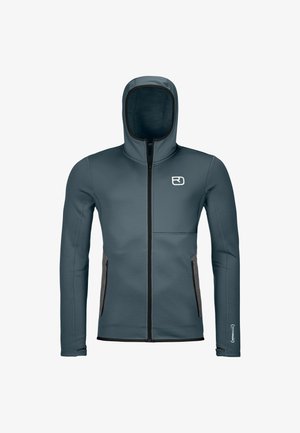 Hooded jacket in dark gray fabric with a fitted design. Features zip closure, side pockets, and a white logo on the chest.