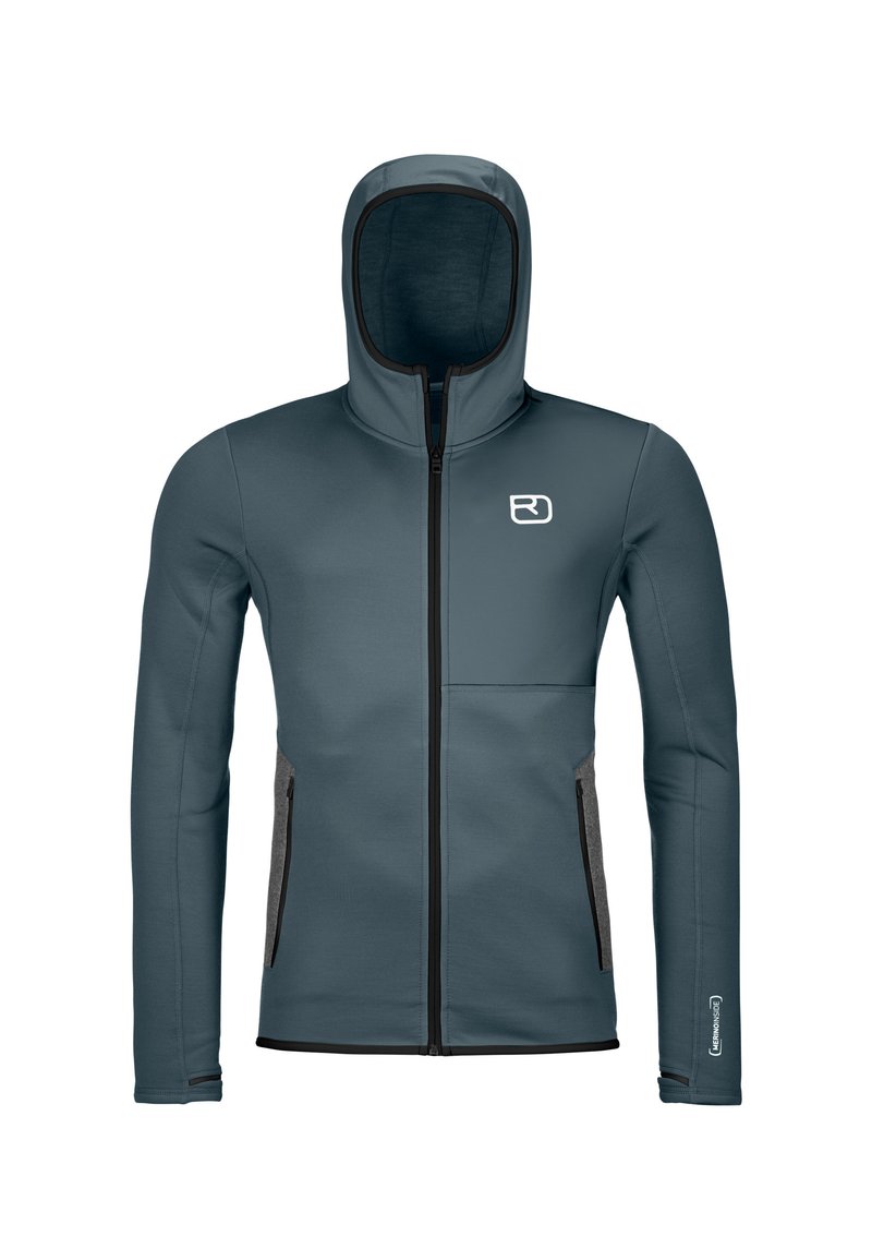 Kapuzenshirt aus dunkelgrauem Stoff mit tailliertem Design. Verfügt über einen Reißverschluss, Seitentaschen und ein weißes Logo auf der Brust.