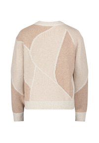 Beiger Strickpullover mit abstrakten Mustern in hellbraun und Creme. Er verfügt über einen Rundhalsausschnitt und strukturierte Bündchen für eine gemütliche Passform.