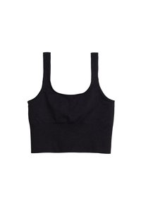 Svart ribbad crop top med breda axelband och rund halsringning. Har en slät yta och en åtsittande design.