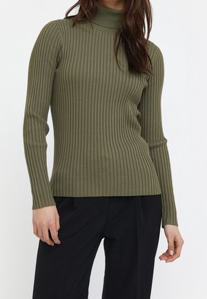 Olivgrüner, gerippter Rollkragenpullover mit langen Ärmeln und taillierter Passform, aus weichem, elastischem Stoff. Der Saum ist gerade geschnitten.