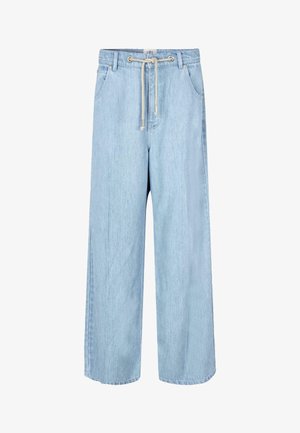 Heledad sinine teksapükk, laia säärega, elastse vöökoha ja nööriga kinnitusega, kaht küljetaskut. Sile tekstuur ja juhuslik disain.