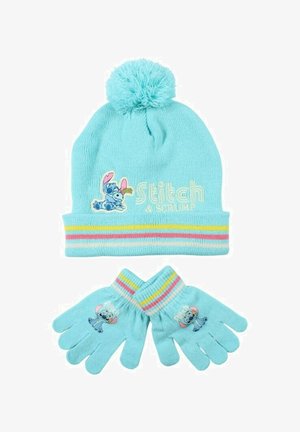 Bonnet d'hiver bleu clair en tricot avec pompon et gants assortis, tous deux ornés des personnages Stitch et Scrump ainsi que de poignets rayés arc-en-ciel.