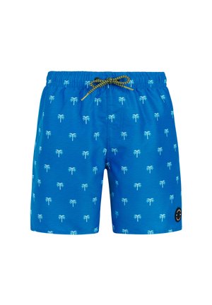 Blauwe zwembroek met een herhalend patroon van witte palmbomen en een groene trekkoord, voorzien van een klein zwart rond logo op het linkerbeen.