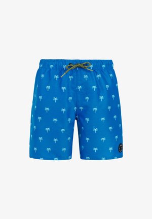 Niebieskie kąpielówki z powtarzającym się białym wzorem palm oraz zielonym sznurkiem, z małym czarnym okrągłym logo na lewej nogawce.