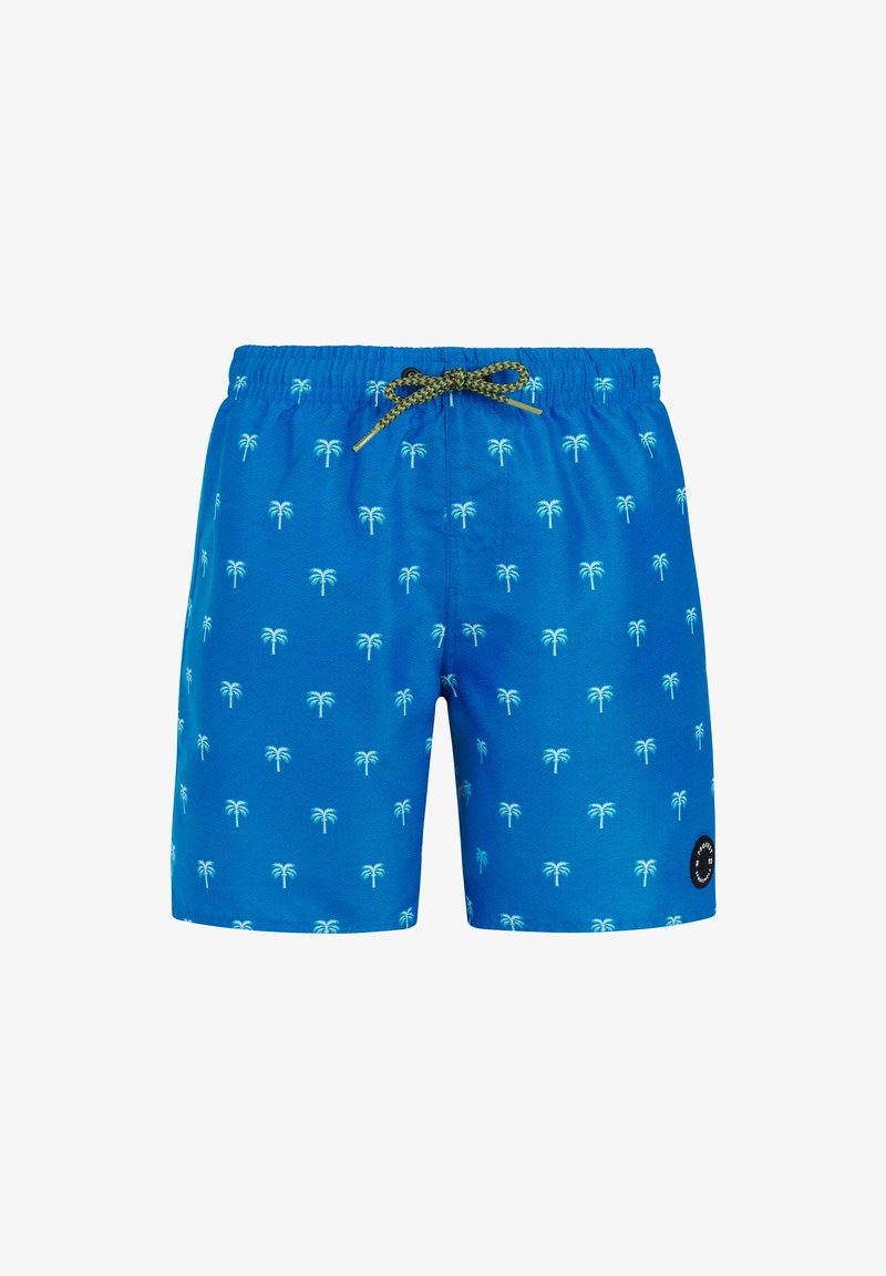 Blauwe zwembroek met een herhalend patroon van witte palmbomen en een groene trekkoord, voorzien van een klein zwart rond logo op het linkerbeen.