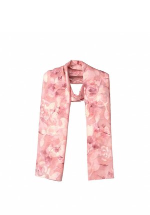 Largo pañuelo rosa con un suave patrón floral en varios tonos de rosa y blanco, drapeado con un lazo en el centro.