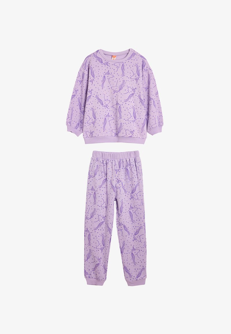 Purple cotton tracksuit featuring a sweatshirt with long sleeves and a crew neck, paired with matching pants, both adorned with unicorn patterns.