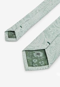 Lys grønne slips med indviklede paisley-mønstre, der har en struktureret blomsterfarvet indre foring og vinklede spidser. Stoffet har en glat overflade.