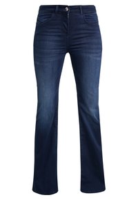 Jeans de campana azul oscuro hechos de denim. Incluyen un diseño de cinco bolsillos, un cierre frontal con botón y un ligero desgastado en los muslos.