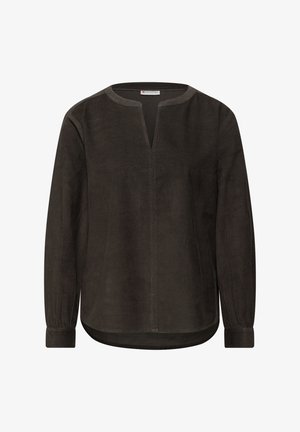 Dark brown corduroy blouse with a round neckline, long sleeves, and a relaxed fit. Features a front placket and subtle texture.