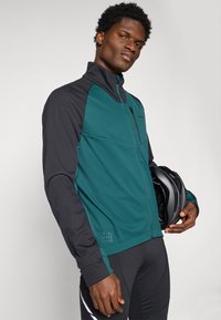 Reißverschlussjacke in Teal und Schwarz, aus weichem Stoff gefertigt. Mit kontrastierenden Ärmeln, schlanker Passform und einem dezenten Logo auf der Brust.
