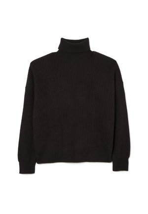 Black ribbed turtleneck sweater with a loose fit, featuring long sleeves and textured fabric. Simple design, no patterns or accents.