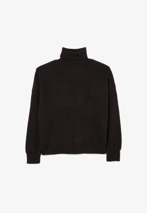 Black ribbed turtleneck sweater with a loose fit, featuring long sleeves and textured fabric. Simple design, no patterns or accents.
