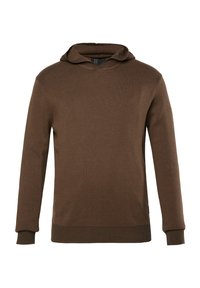 Felpa con cappuccio marrone realizzata in morbido tessuto, con tasca a marsupio, polsini a coste e una texture liscia. Design semplice senza fantasie.